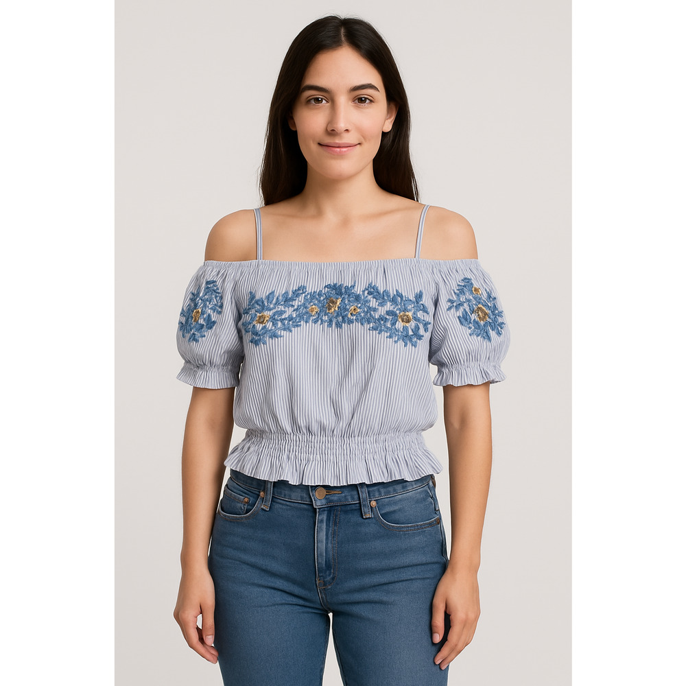 American Eagle Outfitters Blue Embroidered Crop Top Peasant off shoulder sz L